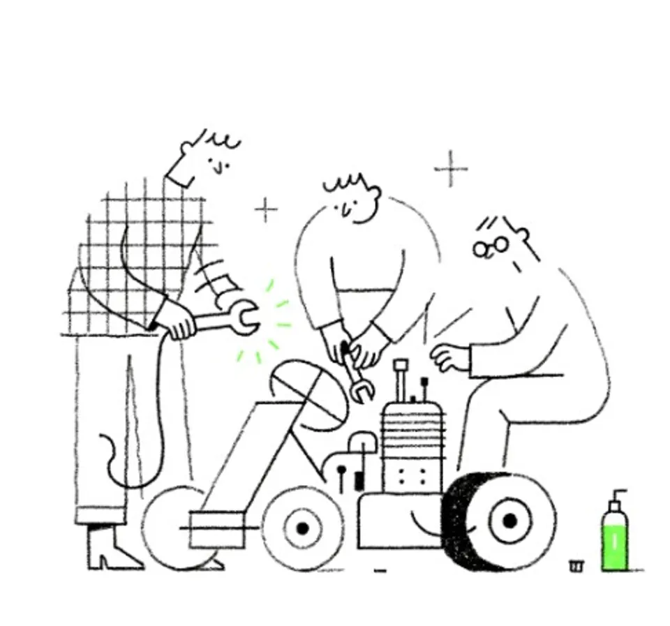 Sketch of three people building a small machine together — DoLabs collaboration